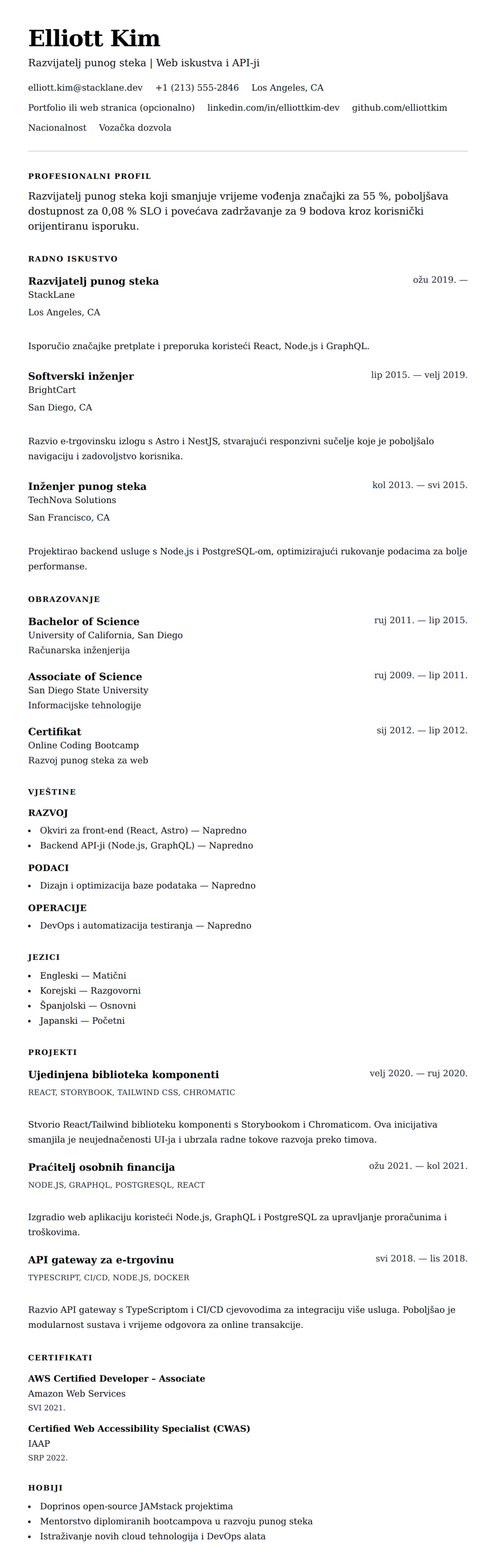 Pregled životopisa za Primjer životopisa za razvijatelja punog steka