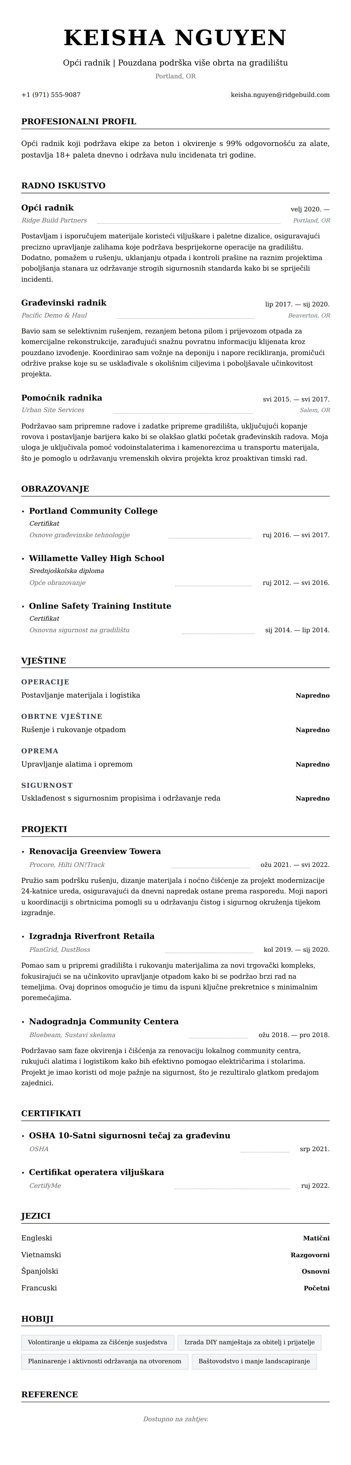 Pregled životopisa za Primjer životopisa za općeg radnika