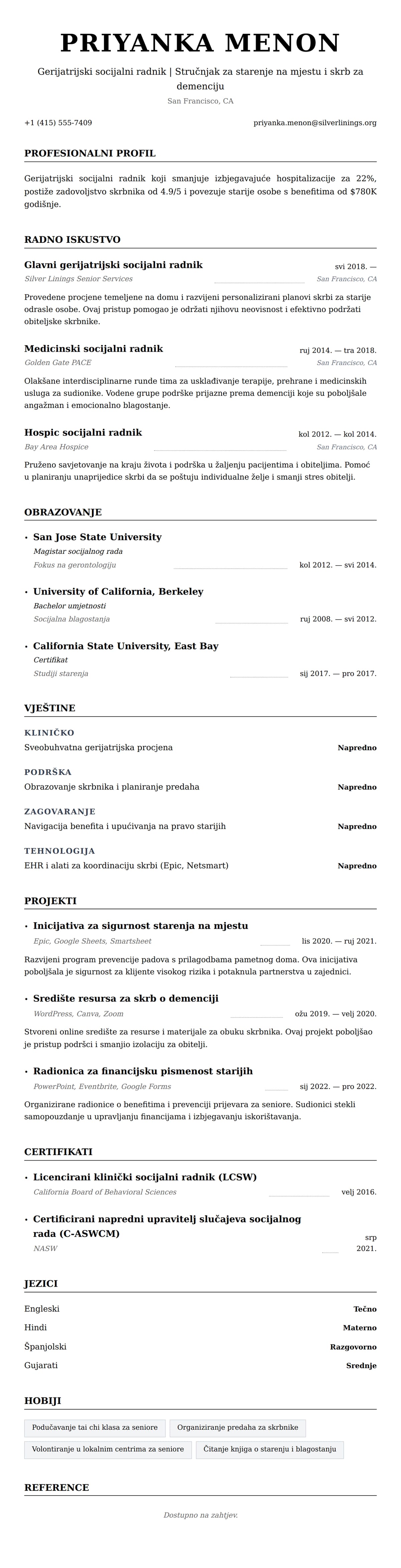 Pregled životopisa za Primjer životopisa gerijatrijskog socijalnog radnika