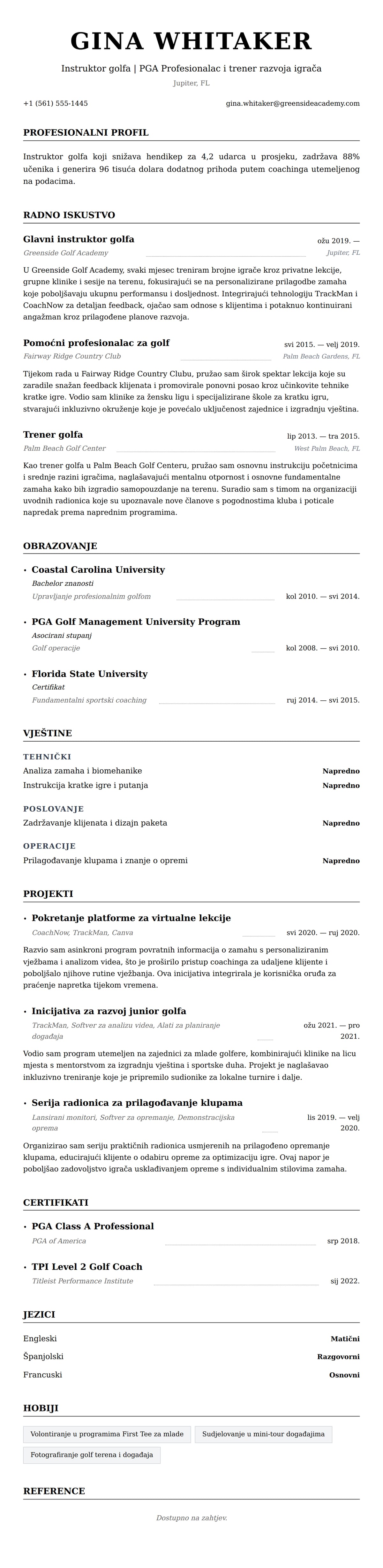 Pregled životopisa za Primjer životopisa instruktora golfa