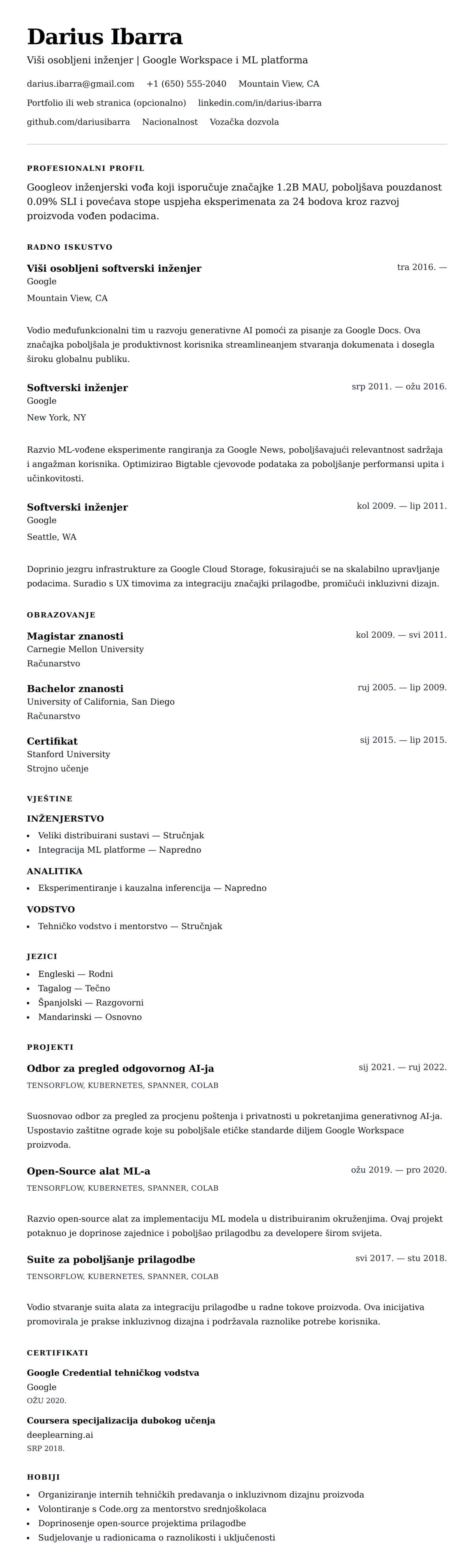 Pregled životopisa za Primjer CV-a za Google