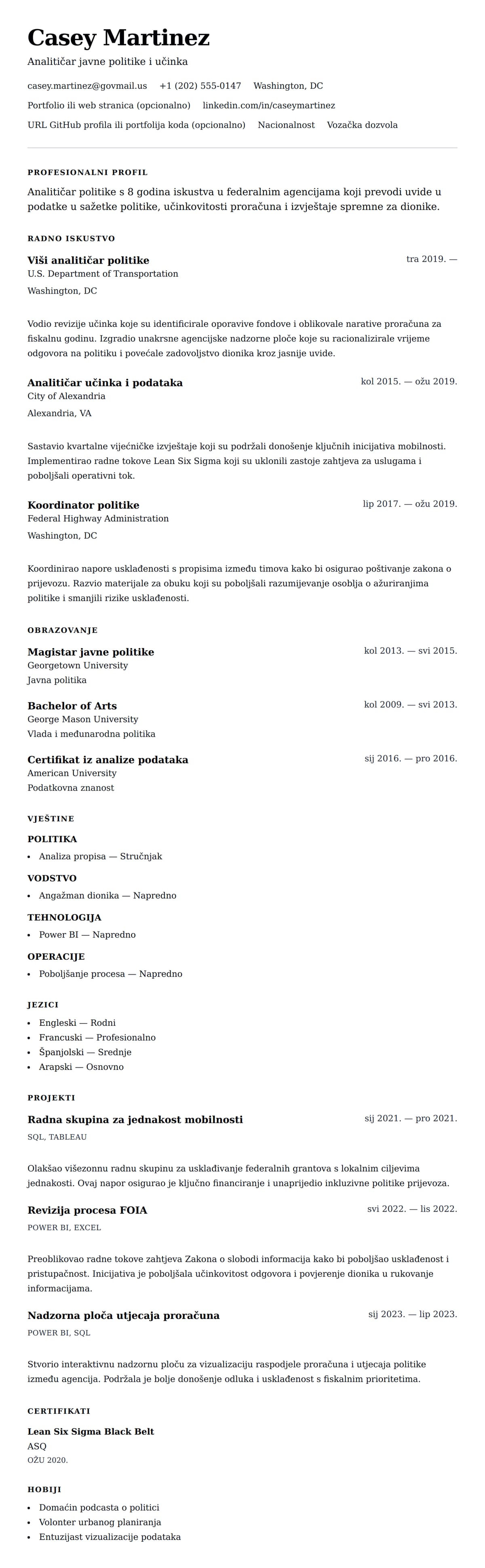 Pregled životopisa za Primjer životopisa analitičara vlade