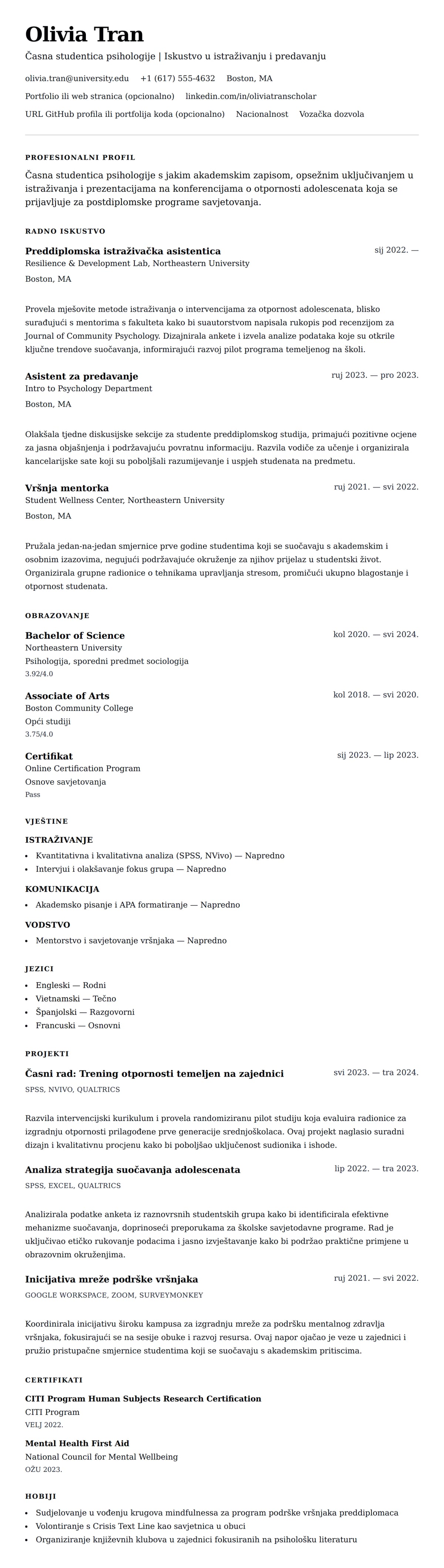Pregled životopisa za Primjer životopisa kandidata za postdiplomski studij