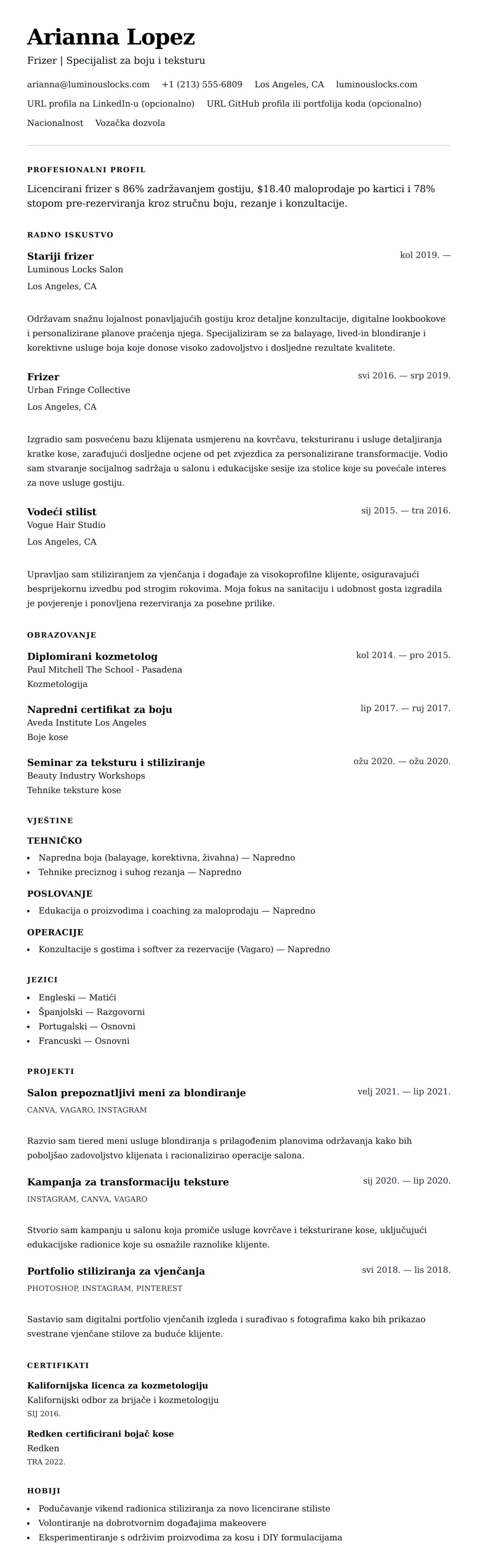 Pregled životopisa za Primjer životopisa frizera