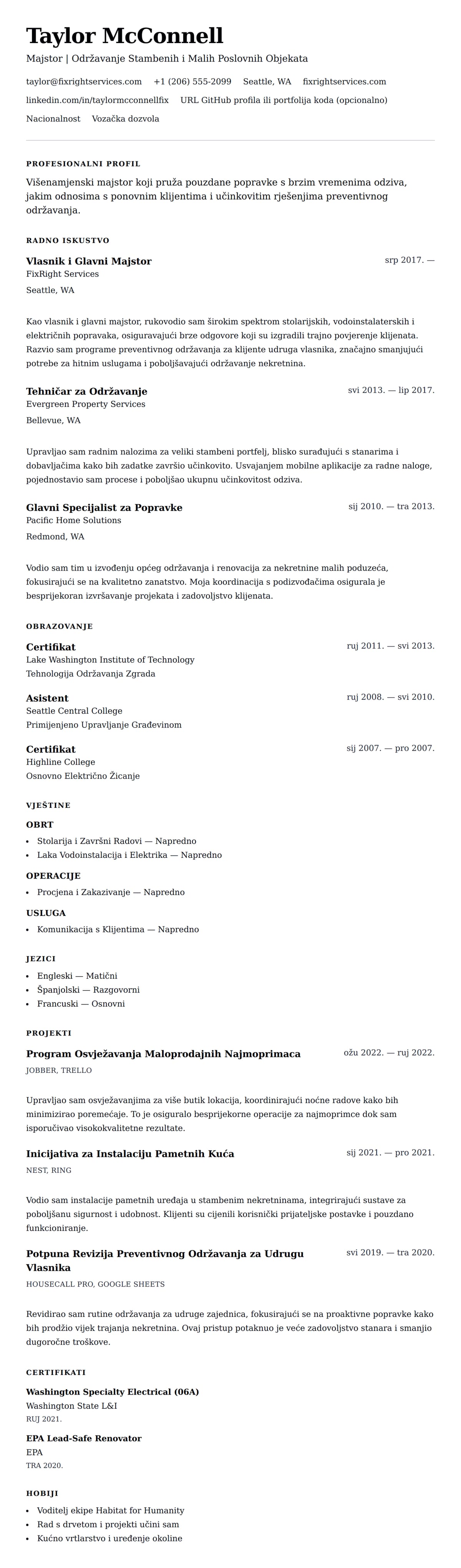 Pregled životopisa za Primjer Životopisa za Majstora