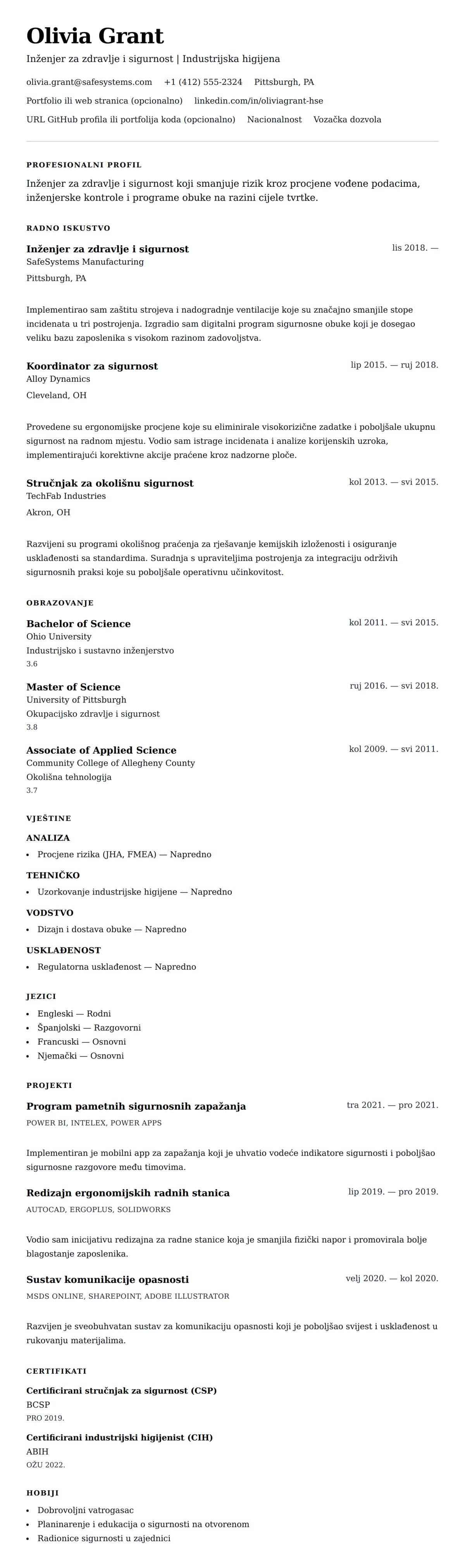 Pregled životopisa za Primjer životopisa za inženjera za zdravlje i sigurnost