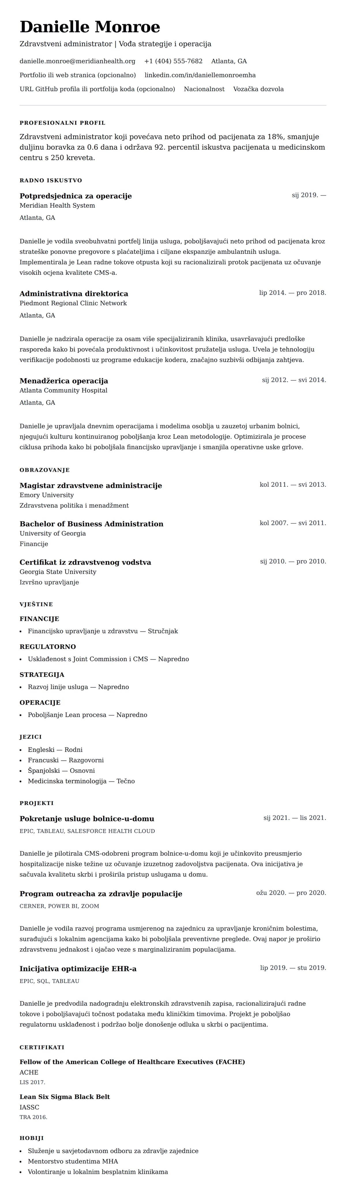 Pregled životopisa za Primjer životopisa za zdravstvenu administraciju