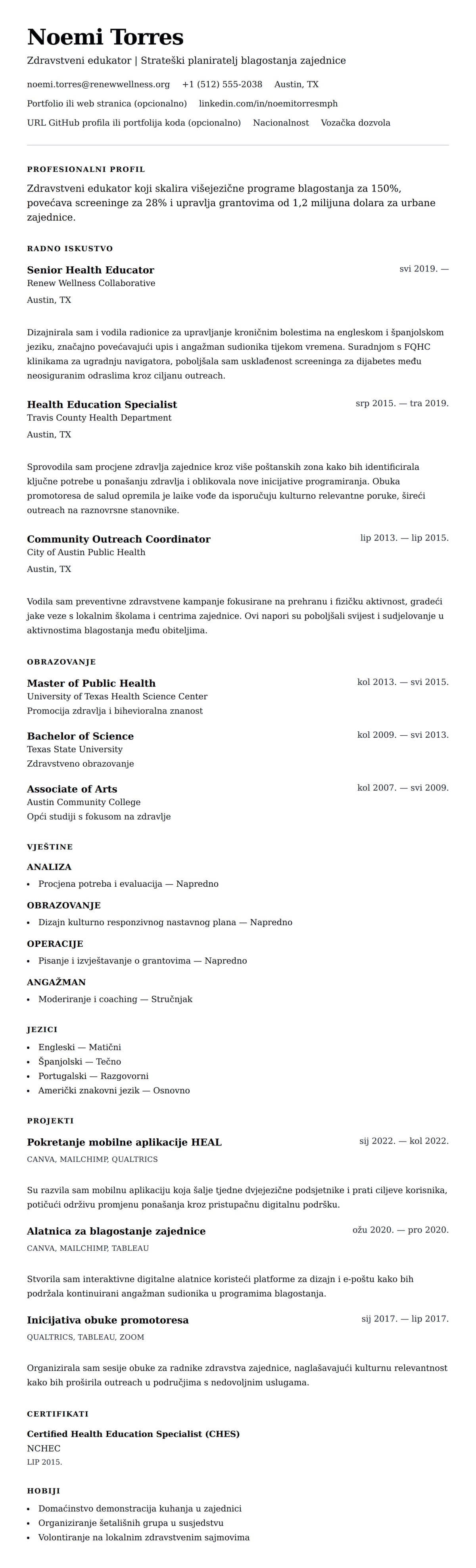 Pregled životopisa za Primjer životopisa zdravstvenog edukatora