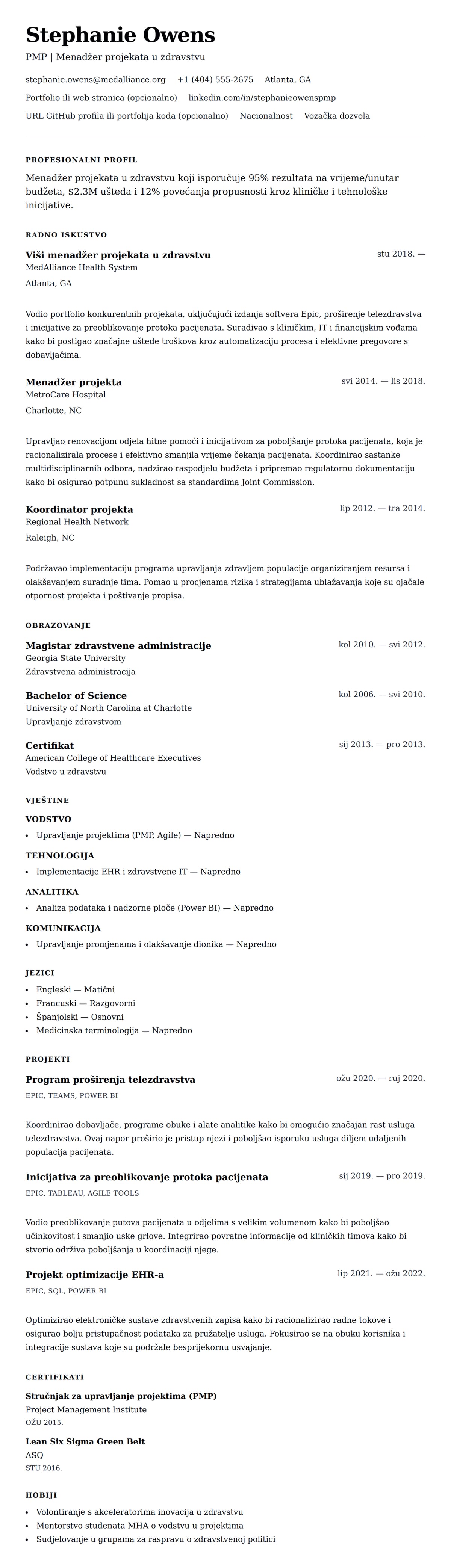 Pregled životopisa za Primjer životopisa menadžera projekata u zdravstvu