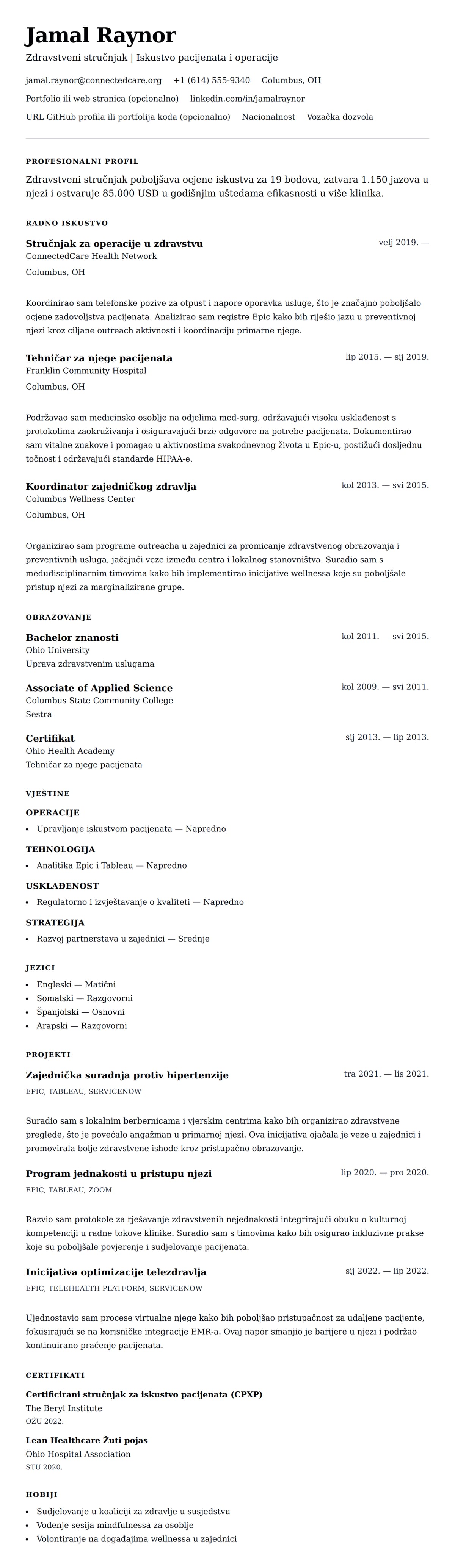 Pregled životopisa za Primjer životopisa za zdravstvenog stručnjaka