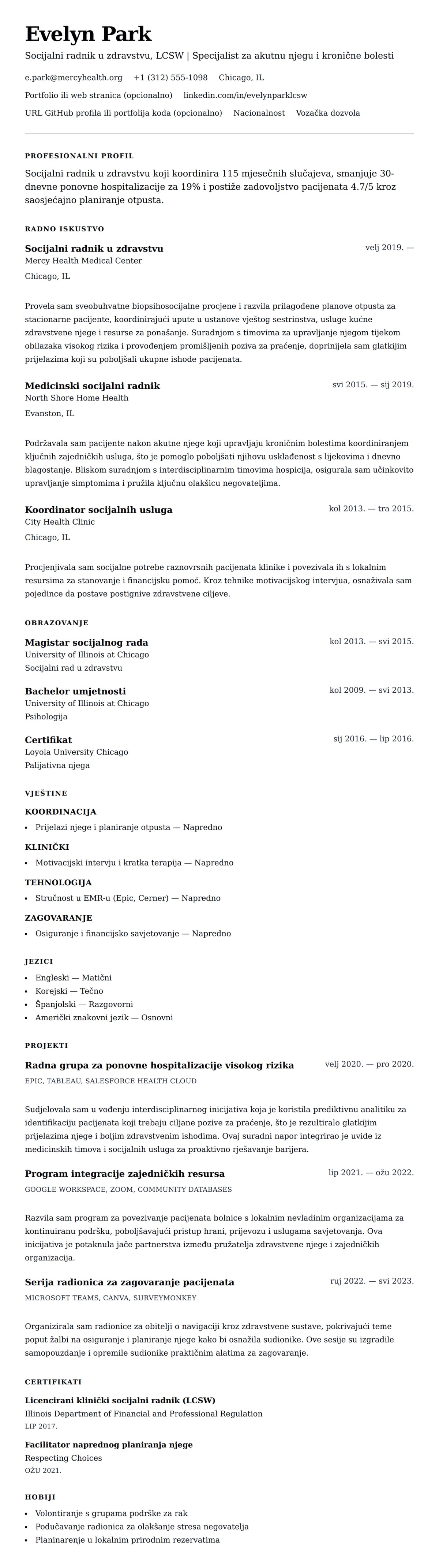 Pregled životopisa za Primjer životopisa socijalnog radnika u zdravstvu