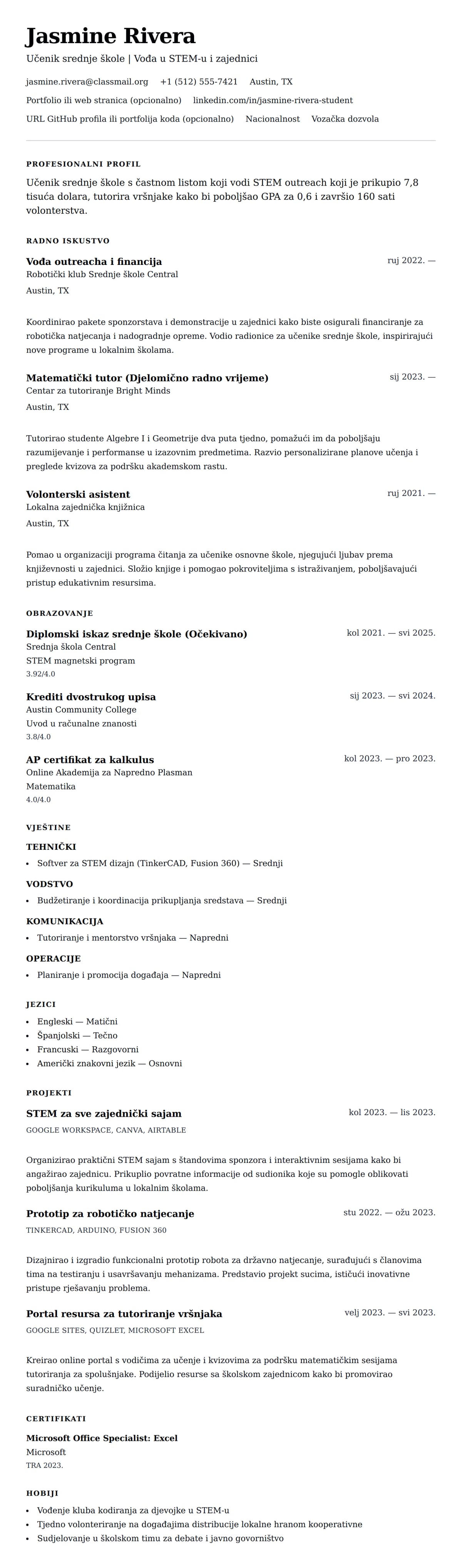 Pregled životopisa za Primjer životopisa za učenika srednje škole