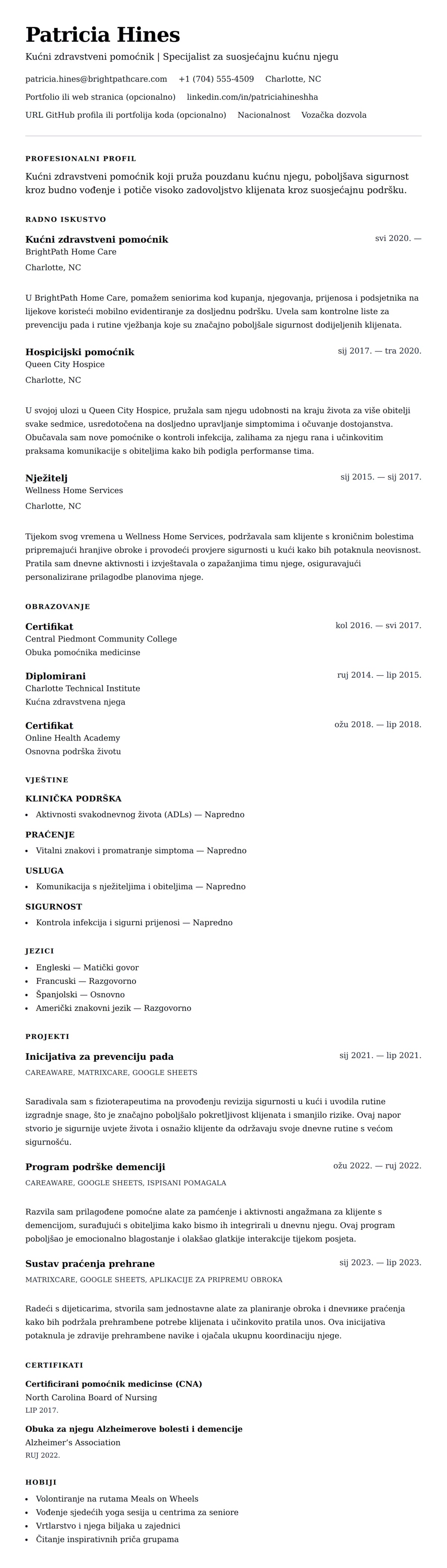 Pregled životopisa za Primjer životopisa kućnog zdravstvenog pomoćnika