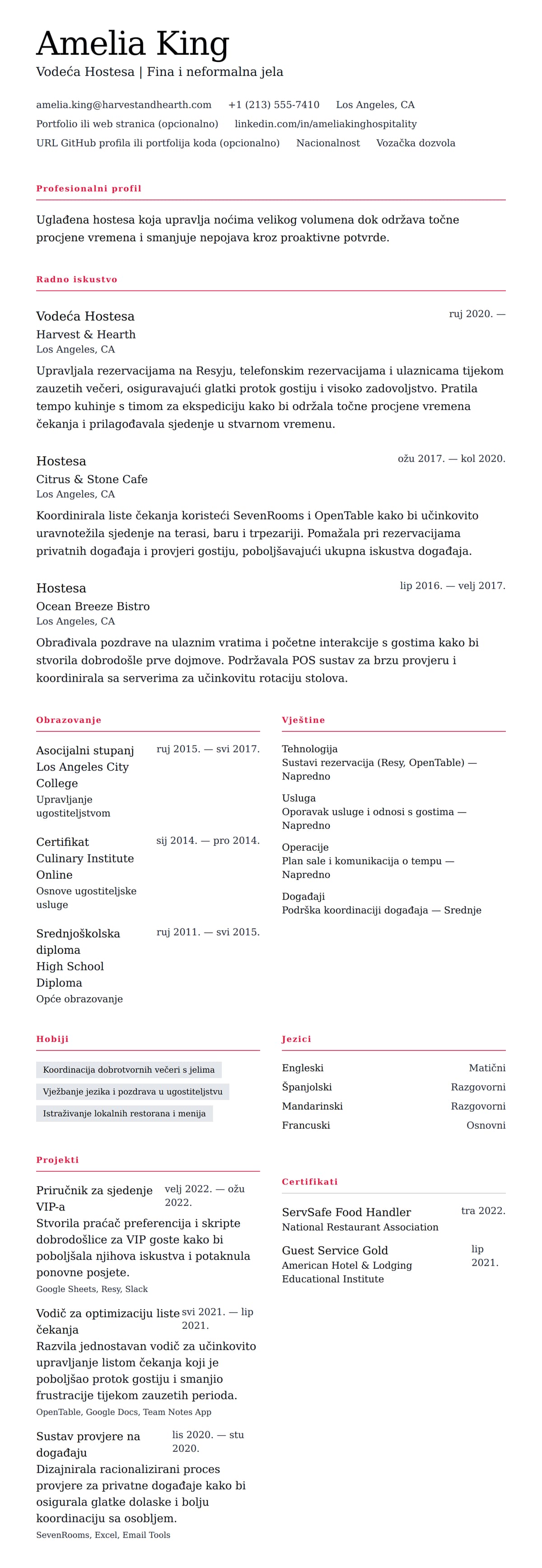 Pregled životopisa za Primjer životopisa za hostesu