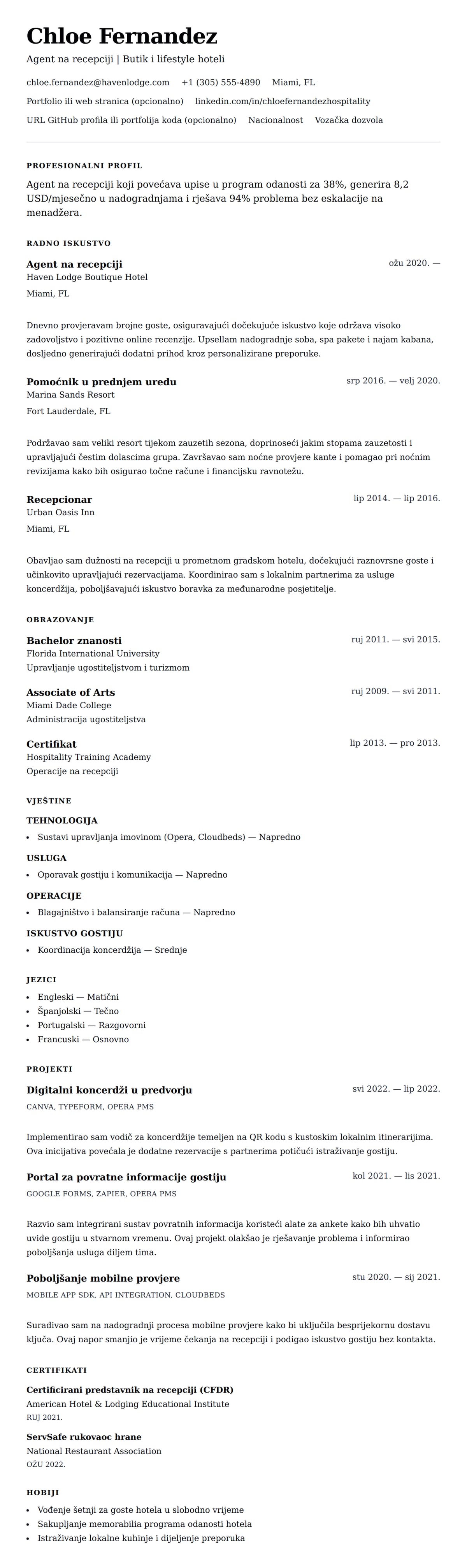 Pregled životopisa za Primjer životopisa za zaposlenika na recepciji hotela