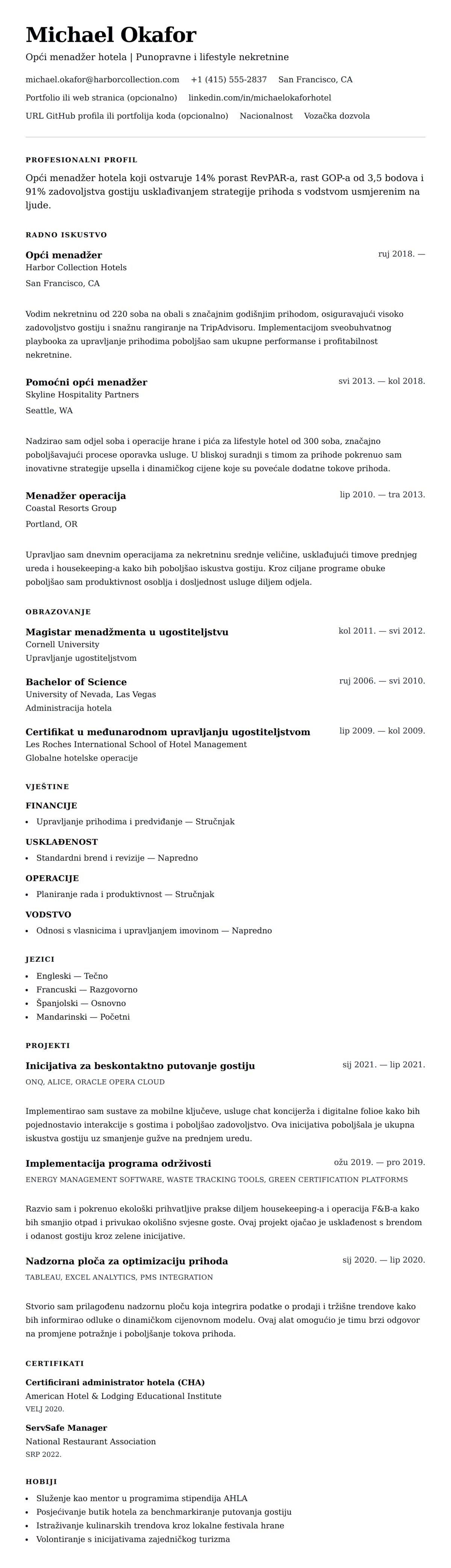 Pregled životopisa za Primjer životopisa za upravljanje hotelom