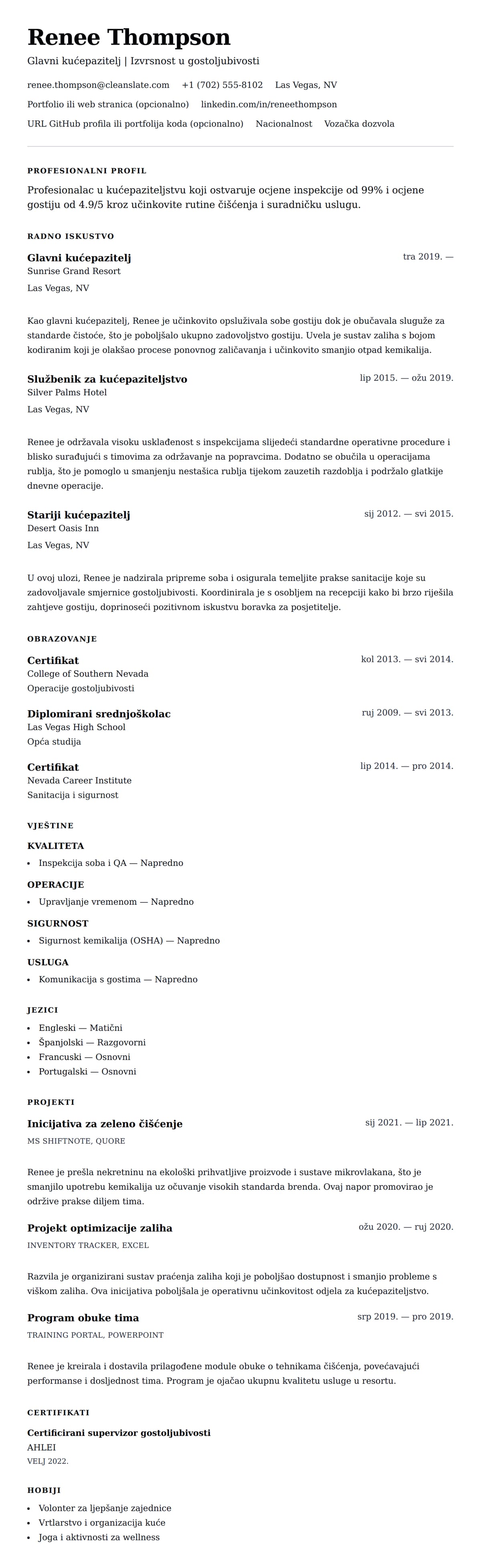 Pregled životopisa za Primjer životopisa za kućepazitelja