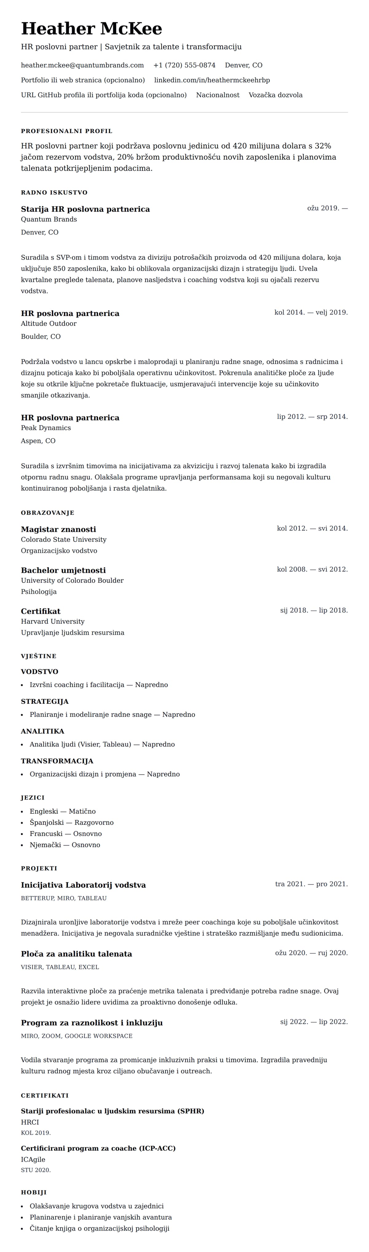 Pregled životopisa za Primjer CV-a za HR poslovnog partnera