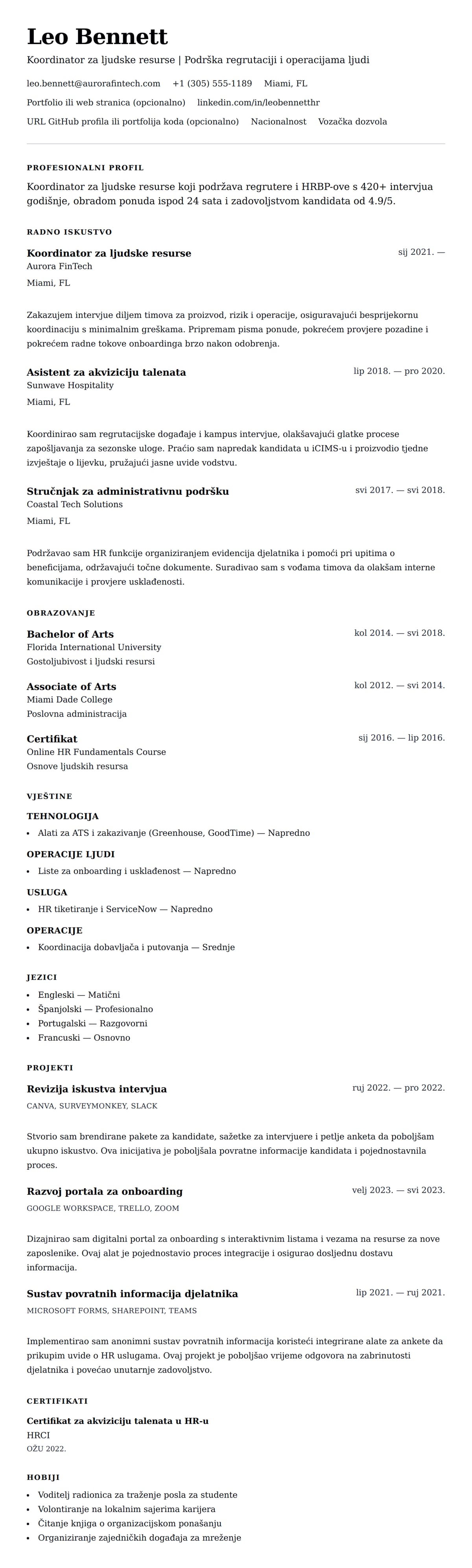 Pregled životopisa za Primjer životopisa za koordinatora za ljudske resurse