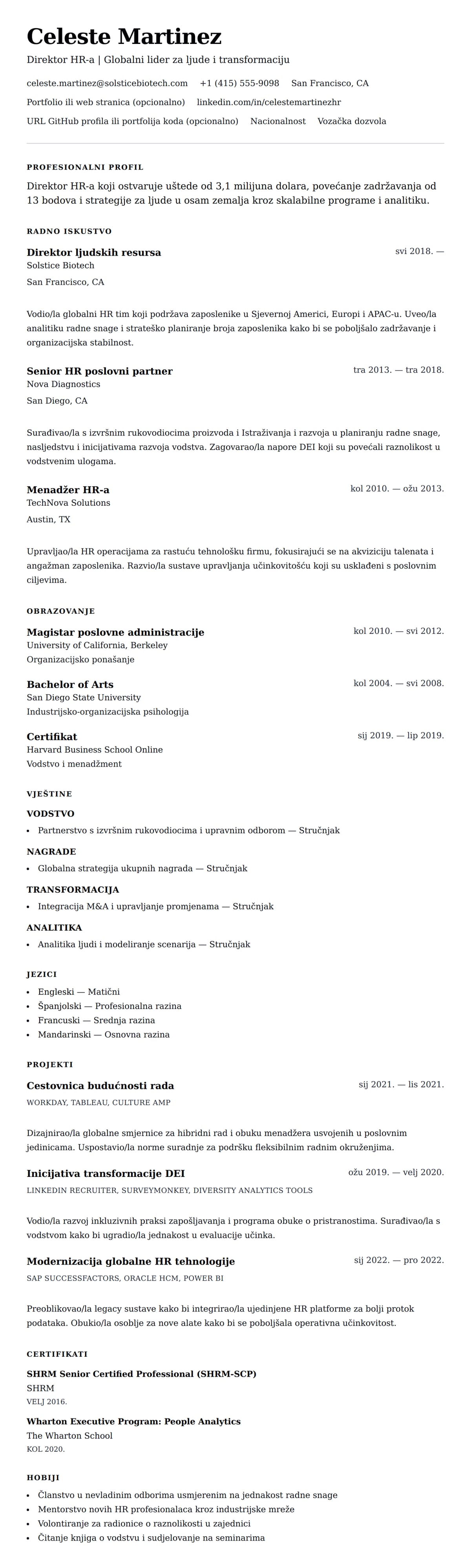 Pregled životopisa za Primjer životopisa za direktora HR-a