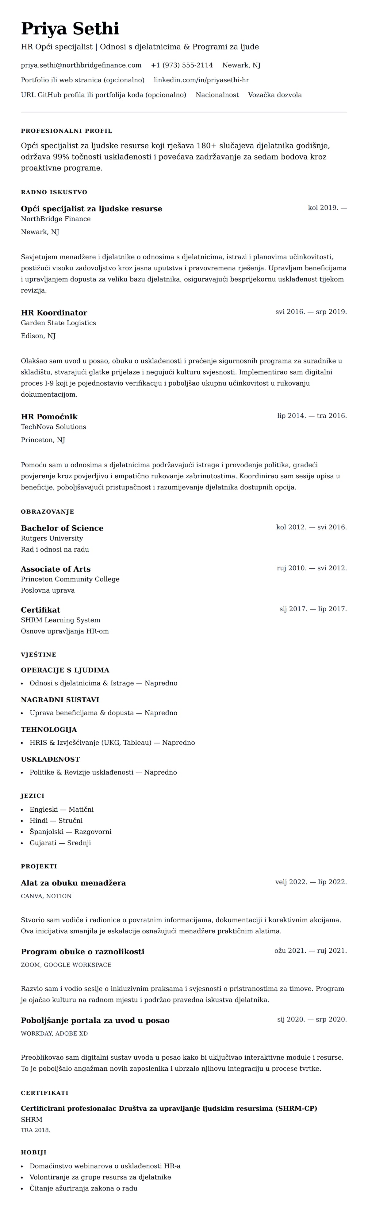 Pregled životopisa za Primjer životopisa za općeg specijalista za ljudske resurse