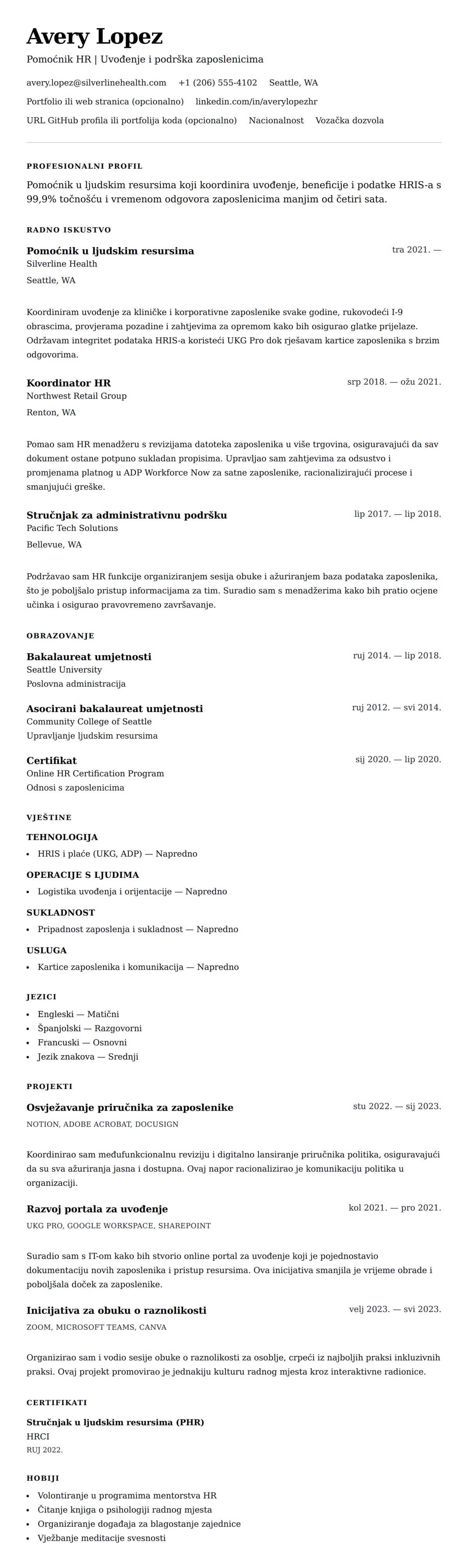 Pregled životopisa za Primjer životopisa za pomoćnika u ljudskim resursima