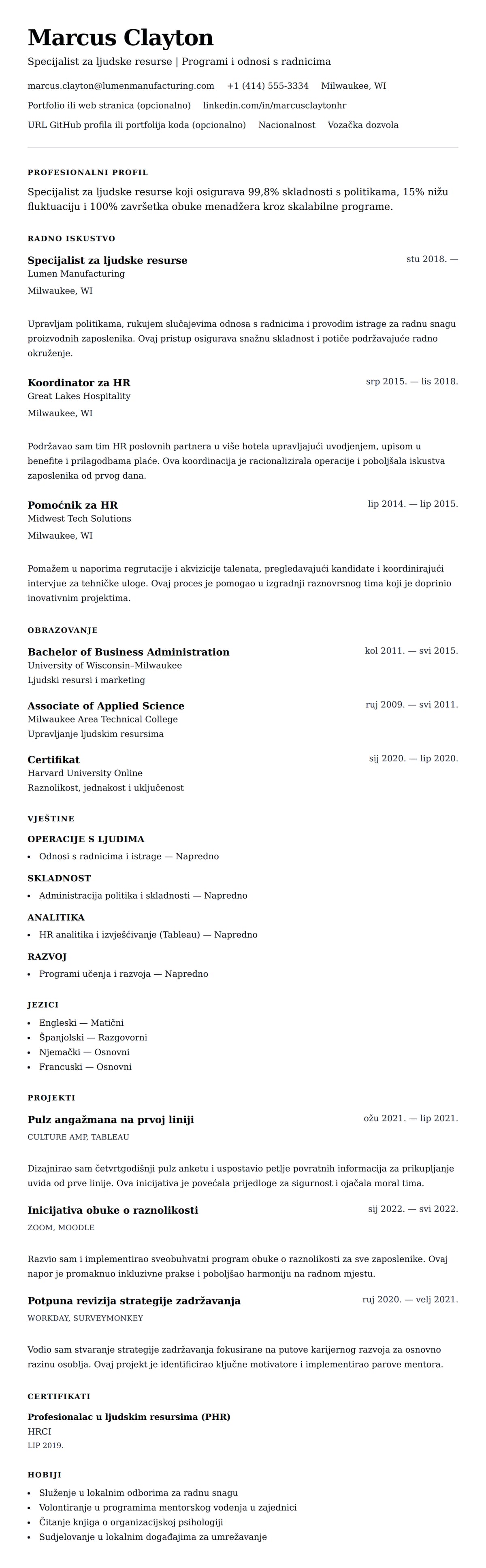 Pregled životopisa za Primjer životopisa specijalista za ljudske resurse