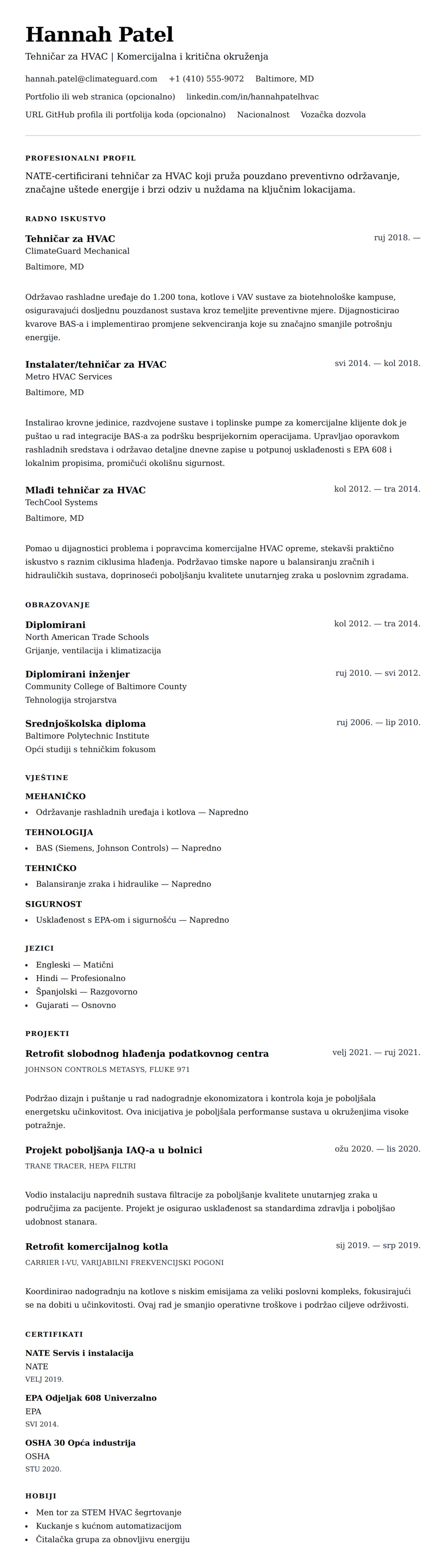 Pregled životopisa za Primjer životopisa tehničara za HVAC