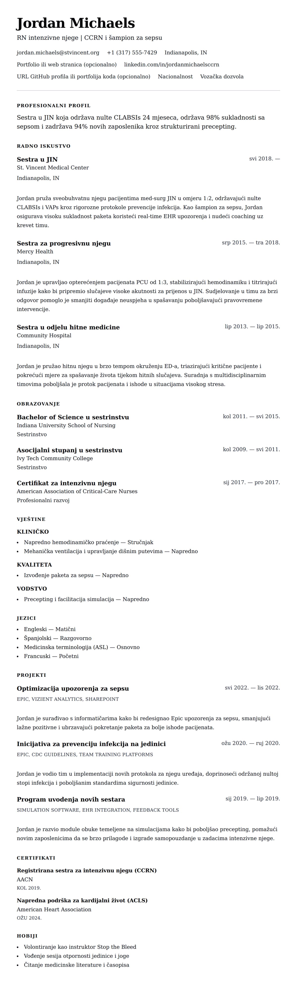 Pregled životopisa za Primjer životopisa sestre u JIN