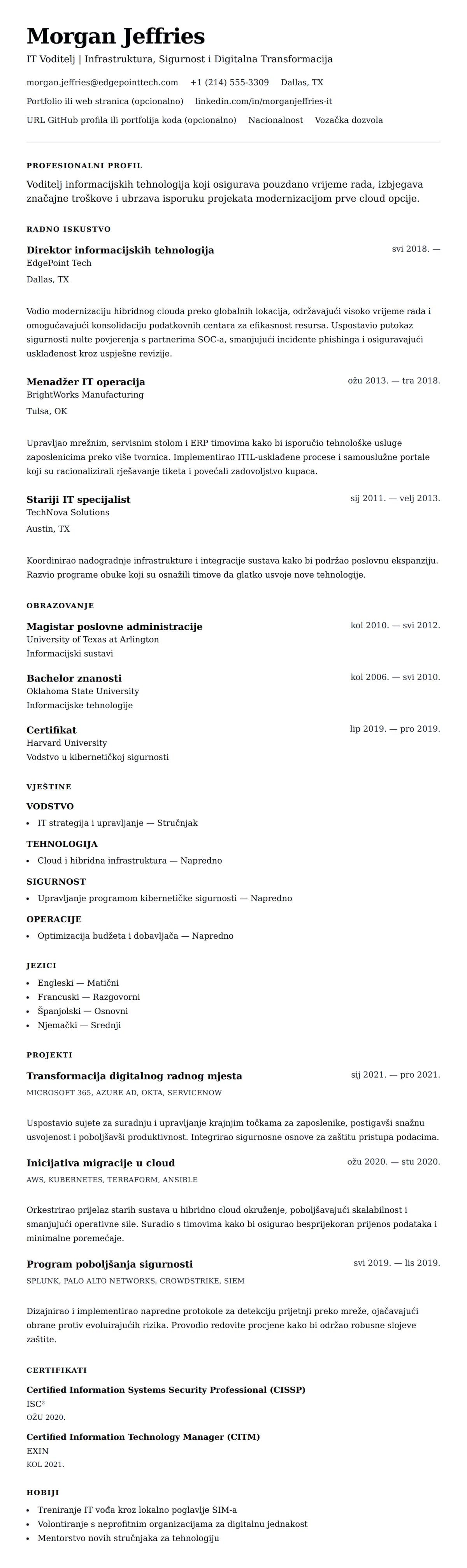 Pregled životopisa za Primjer životopisa stručnjaka za informacijske tehnologije