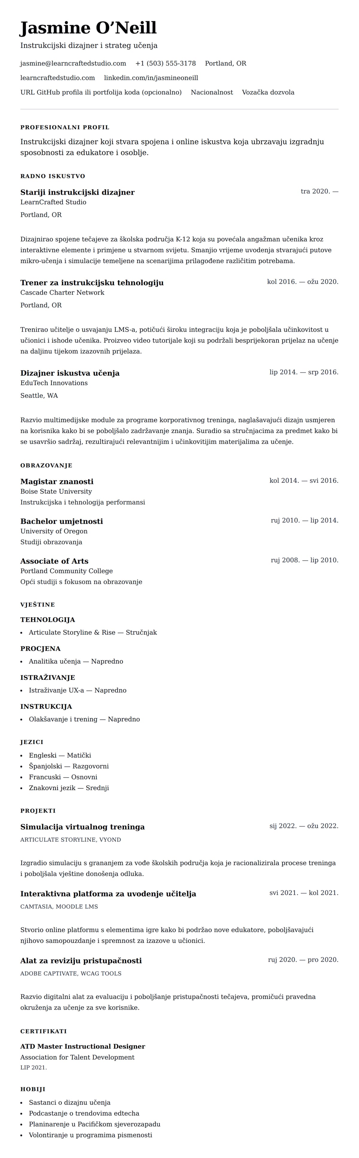 Pregled životopisa za Primjer životopisa za instrukcijskog dizajnera