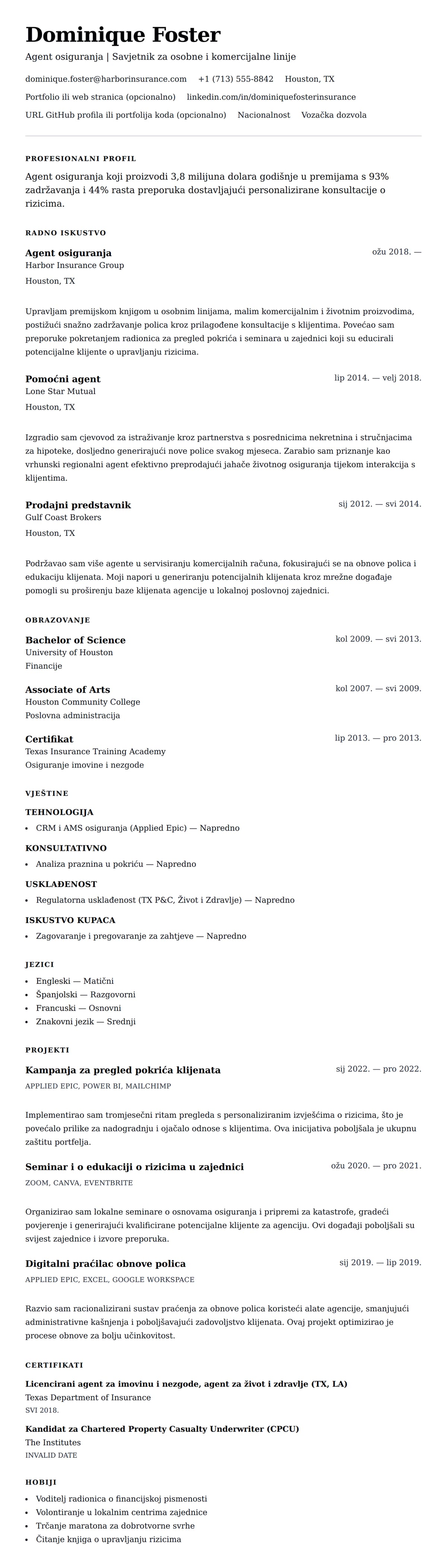 Pregled životopisa za Primjer životopisa agenta osiguranja