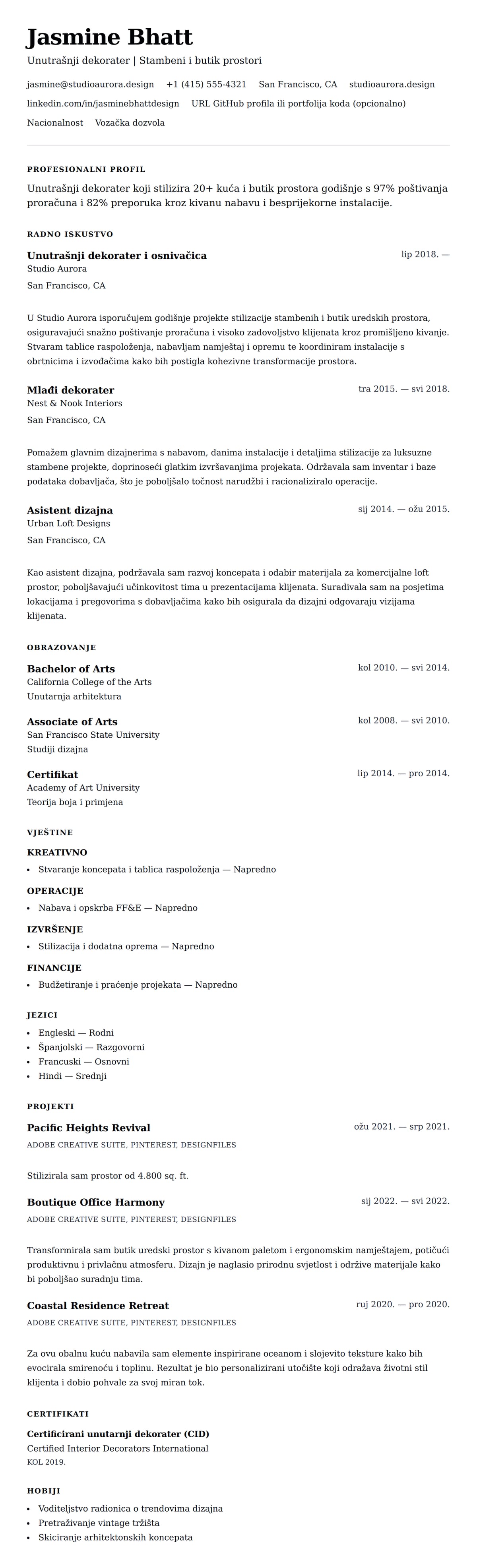 Pregled životopisa za Primjer životopisa unutarnjeg dekoratera