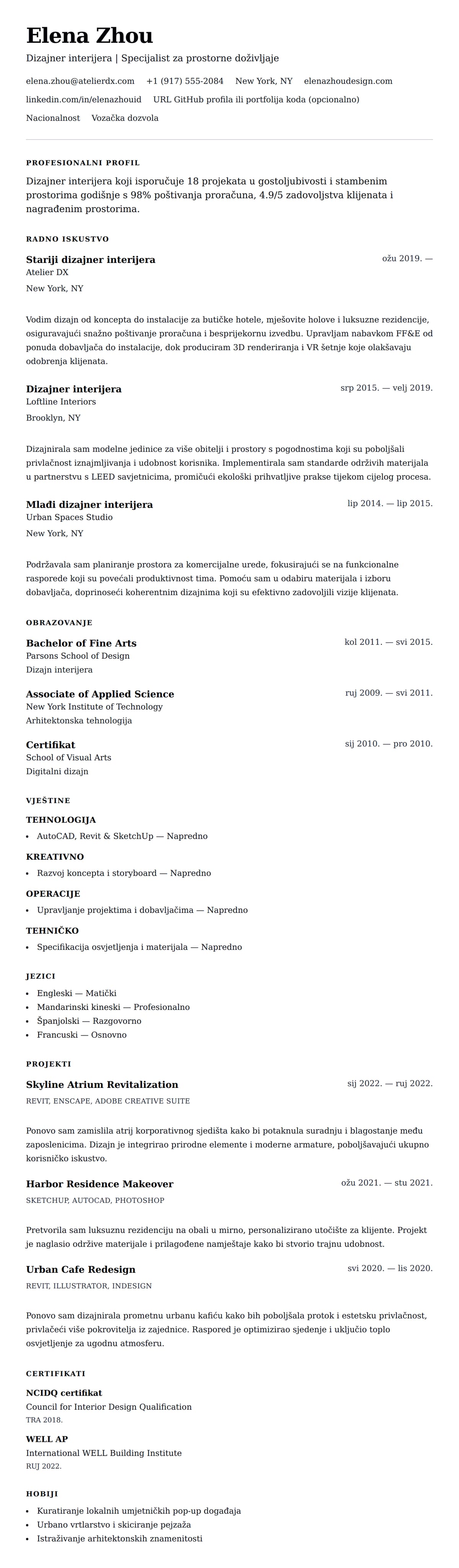 Pregled životopisa za Primjer životopisa dizajnera interijera