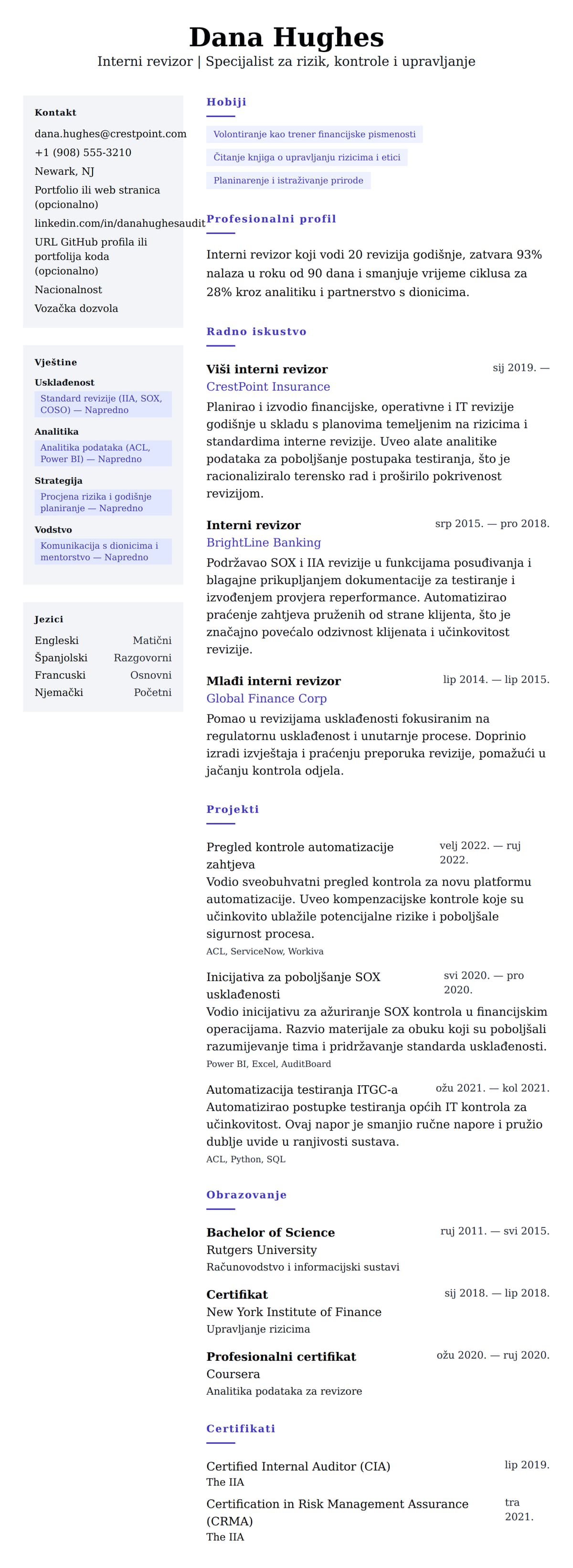 Pregled životopisa za Primjer životopisa za internog revizora