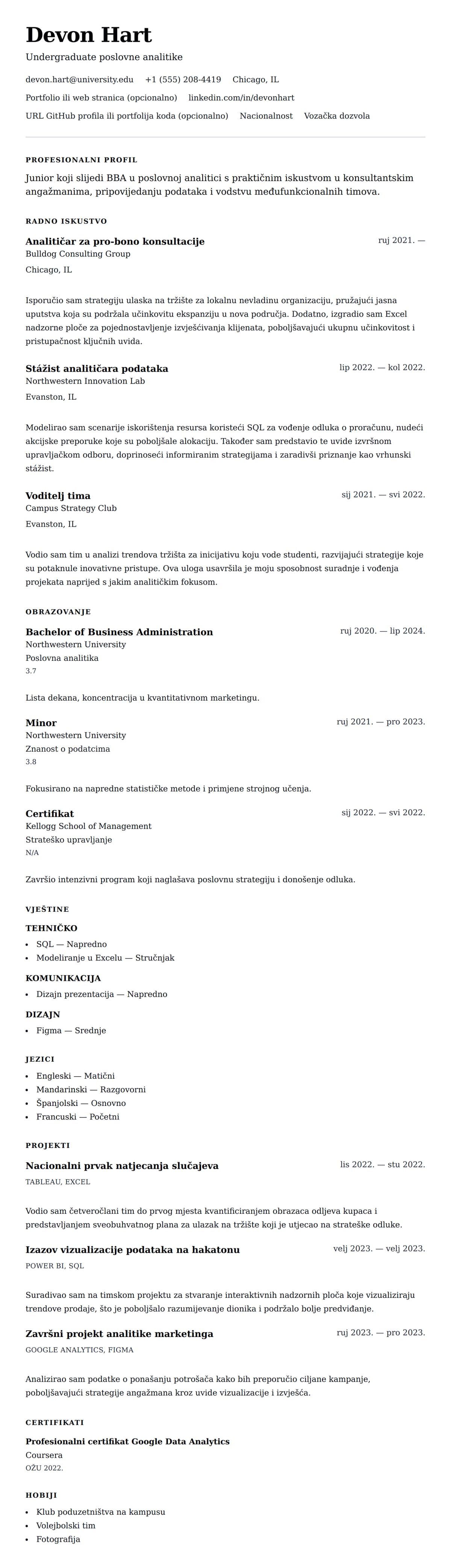 Pregled životopisa za Primjer životopisa za staž