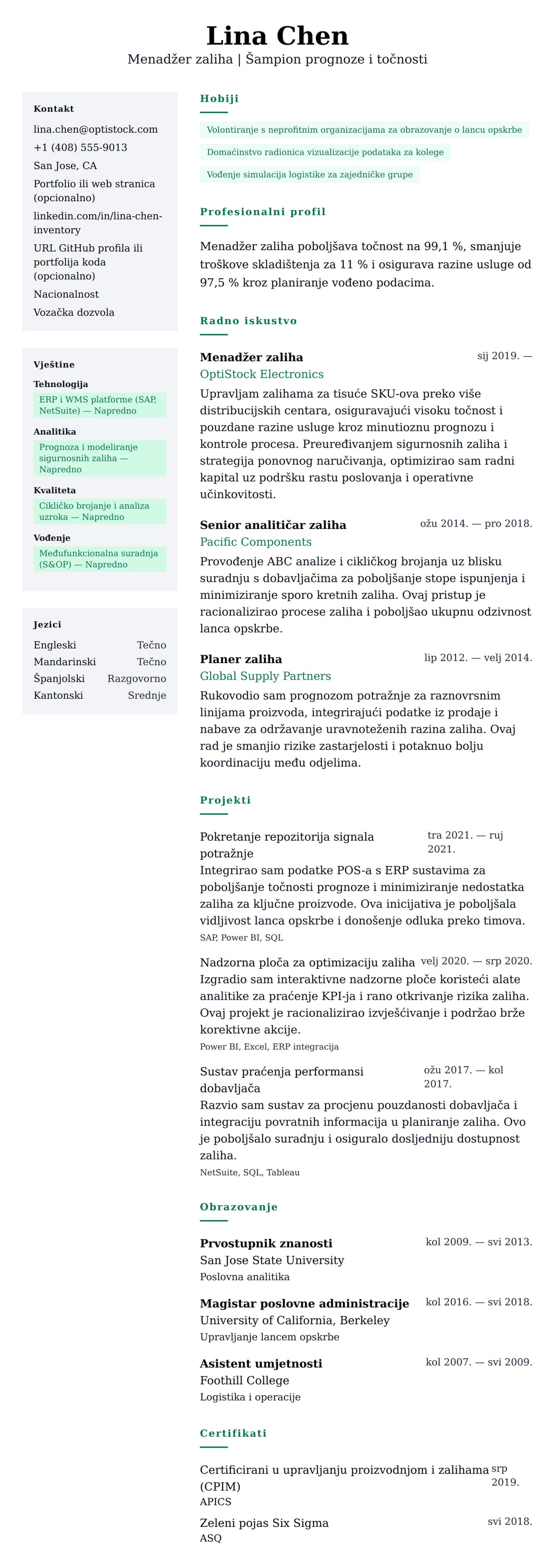 Pregled životopisa za Primjer životopisa menadžera zaliha