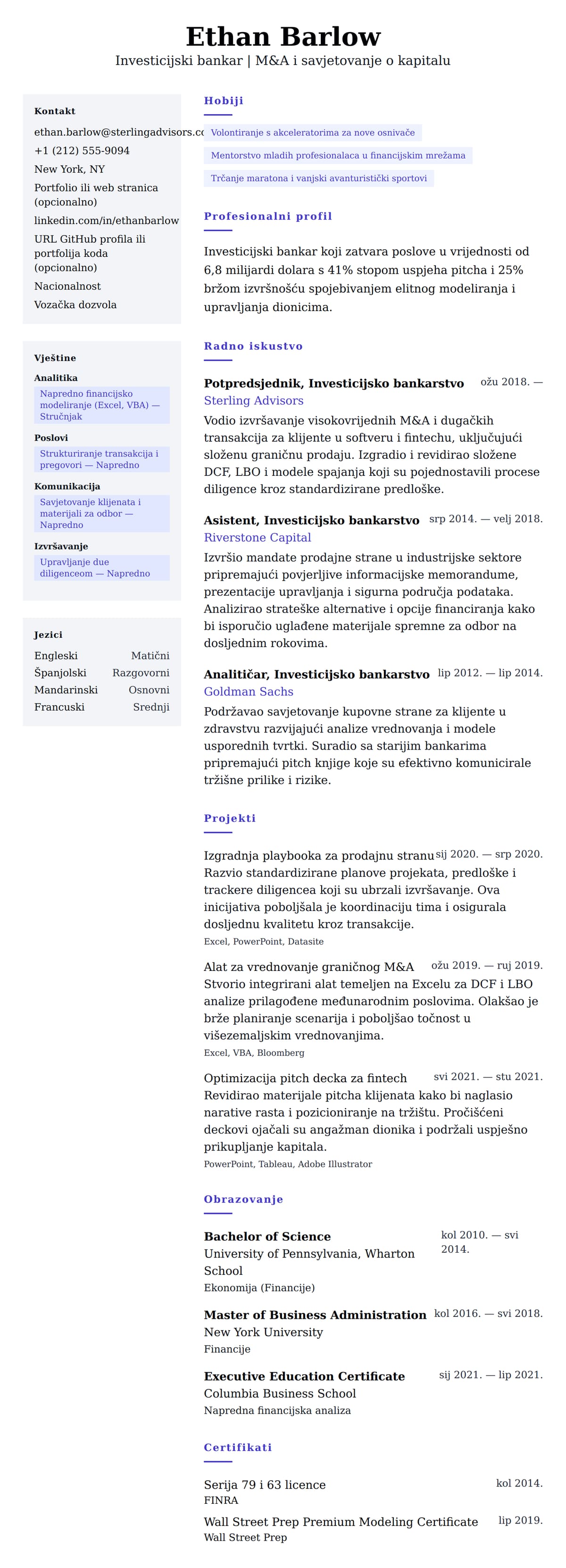 Pregled životopisa za Primjer životopisa investicijskog bankara
