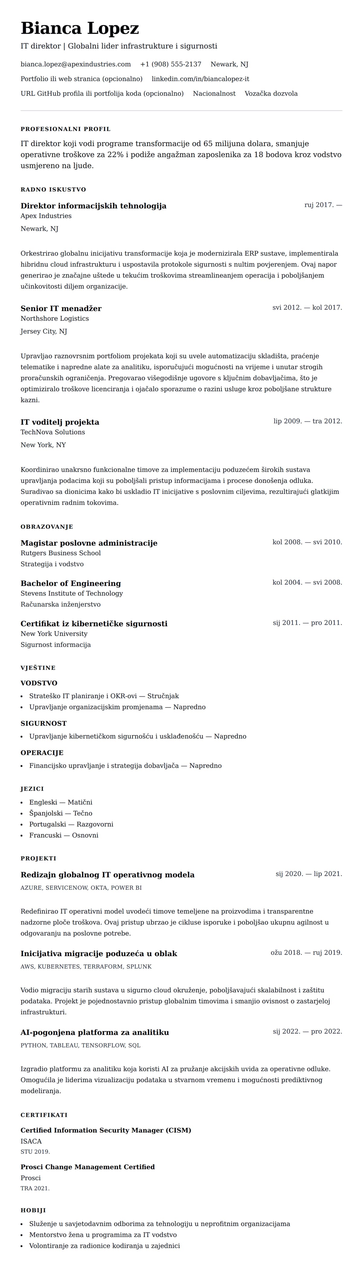 Pregled životopisa za Primjer CV-a za IT direktora