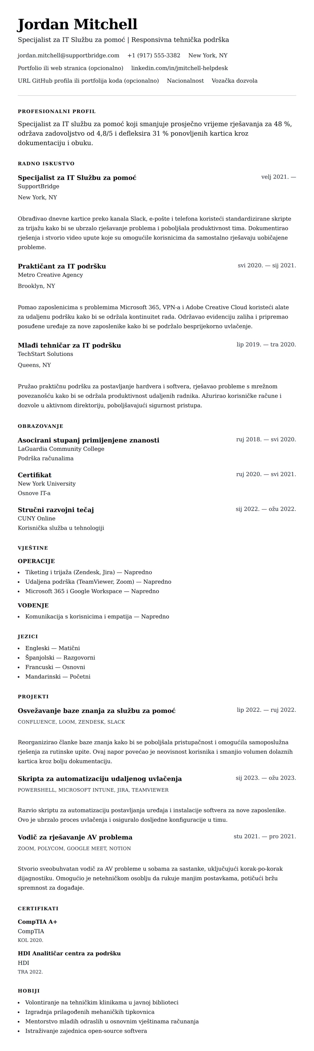 Pregled životopisa za Primjer životopisa za IT Službu za pomoć