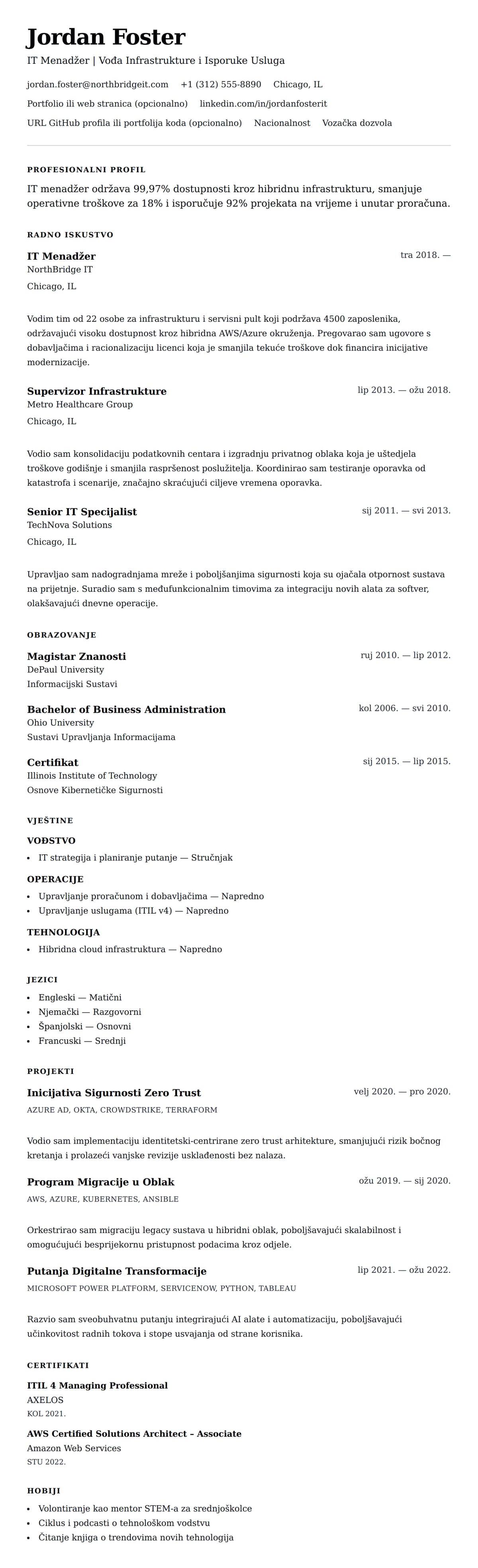 Pregled životopisa za Primjer Životopisa IT Menadžera