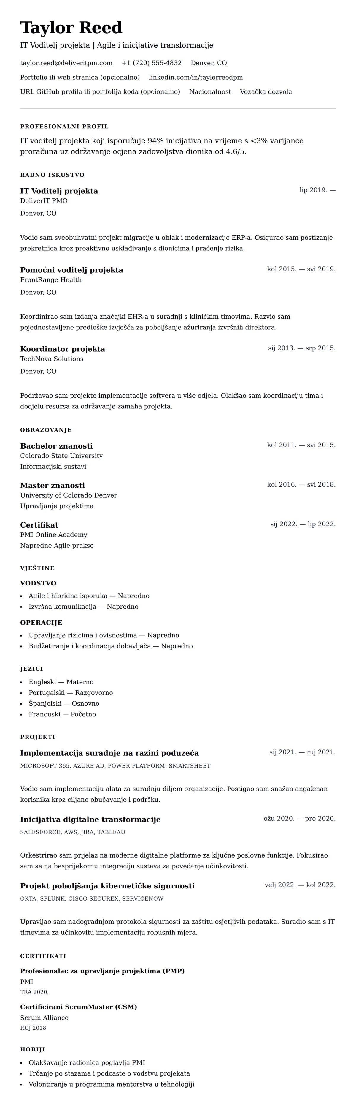 Pregled životopisa za Primjer CV-a za IT Voditelja projekta