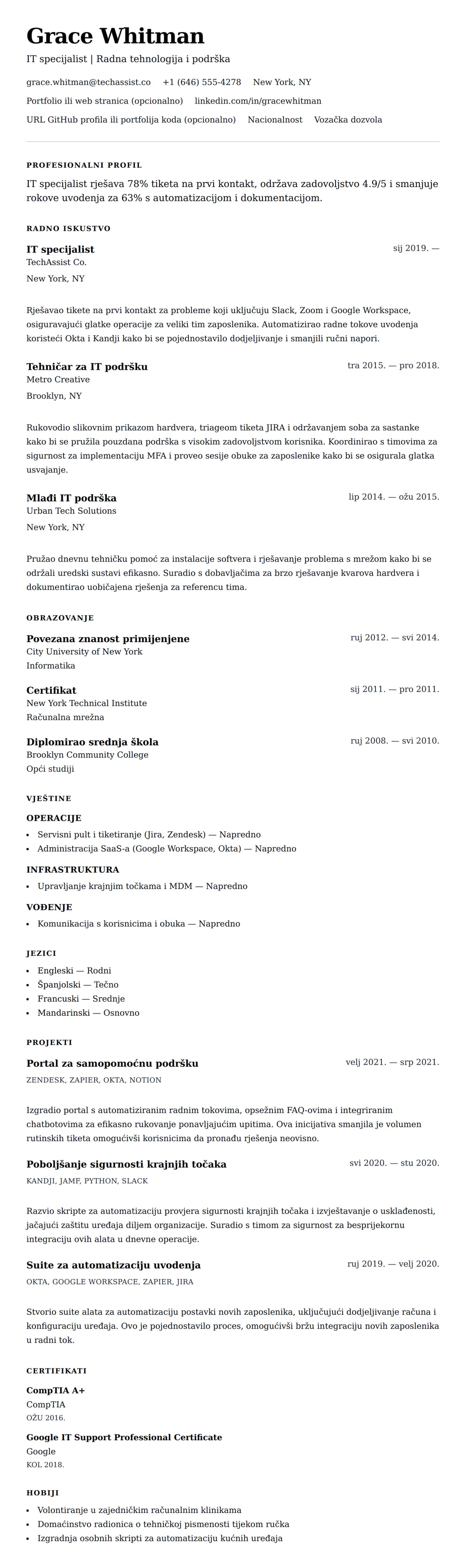 Pregled životopisa za Primjer životopisa IT specijalista