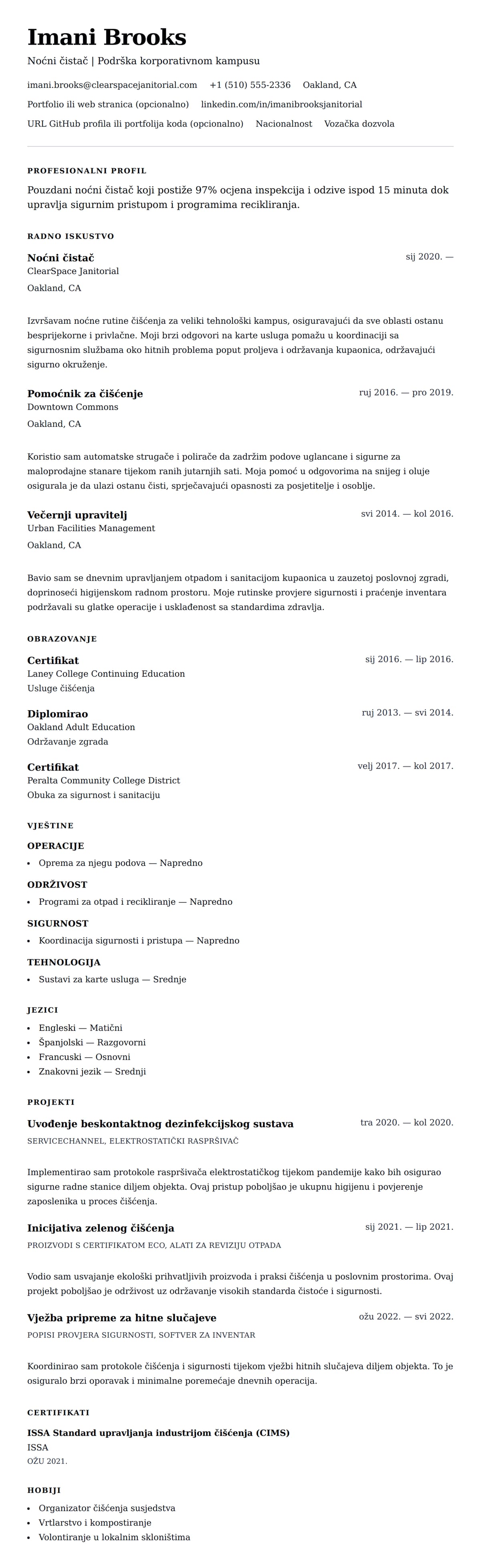 Pregled životopisa za Primjer CV-a za čistača