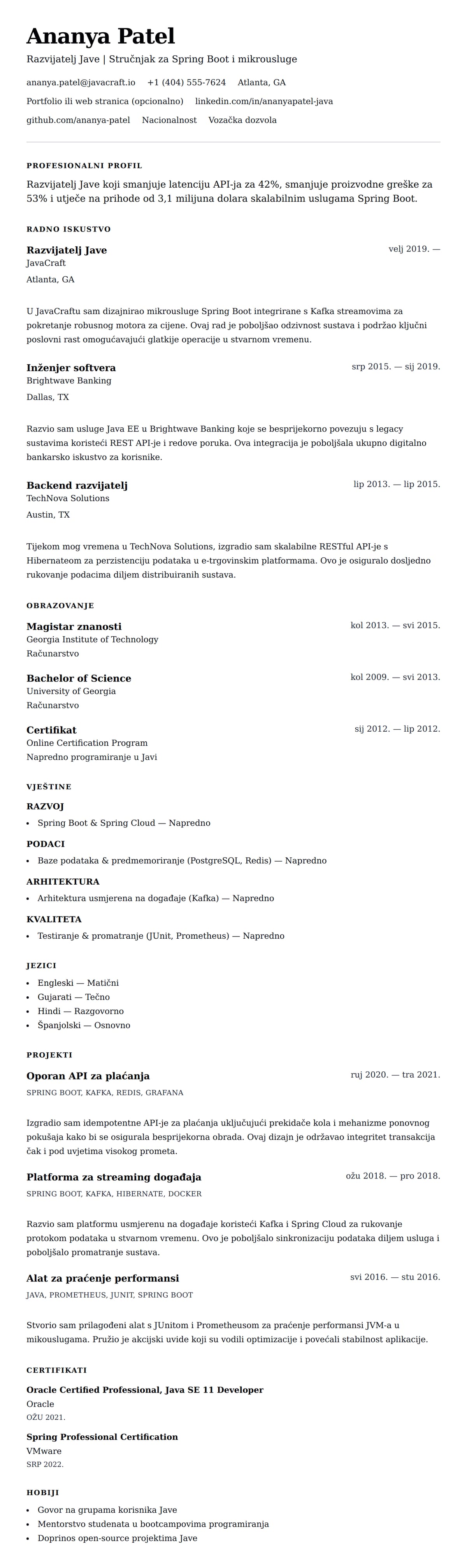 Pregled životopisa za Primjer životopisa za razvijatelja Jave