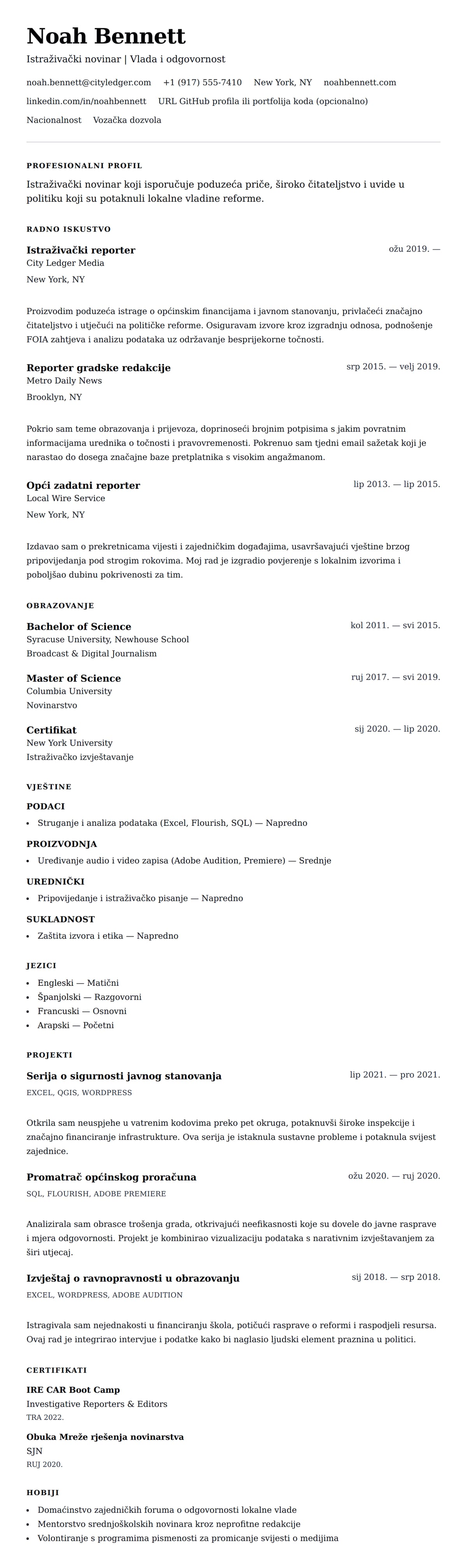 Pregled životopisa za Primjer životopisa novinara