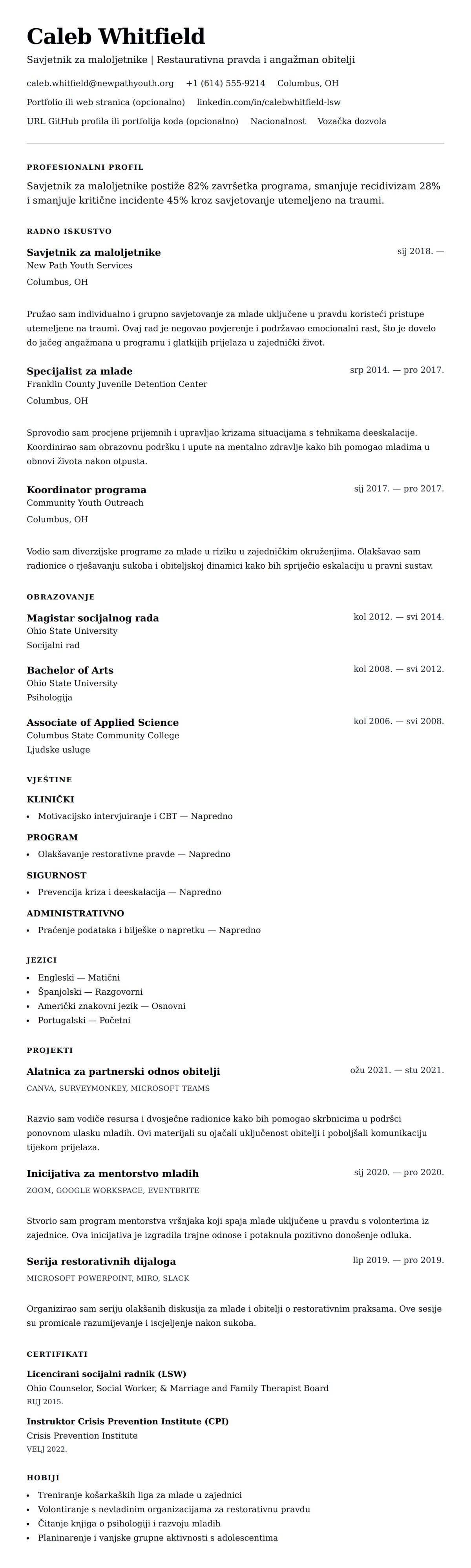 Pregled životopisa za Primjer rezimea savjetnika za maloljetnike