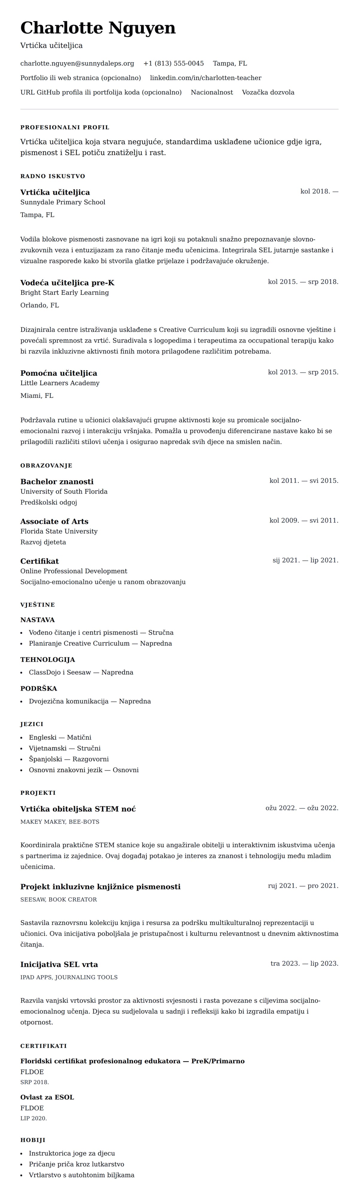 Pregled životopisa za Primjer životopisa vrtičke učiteljice