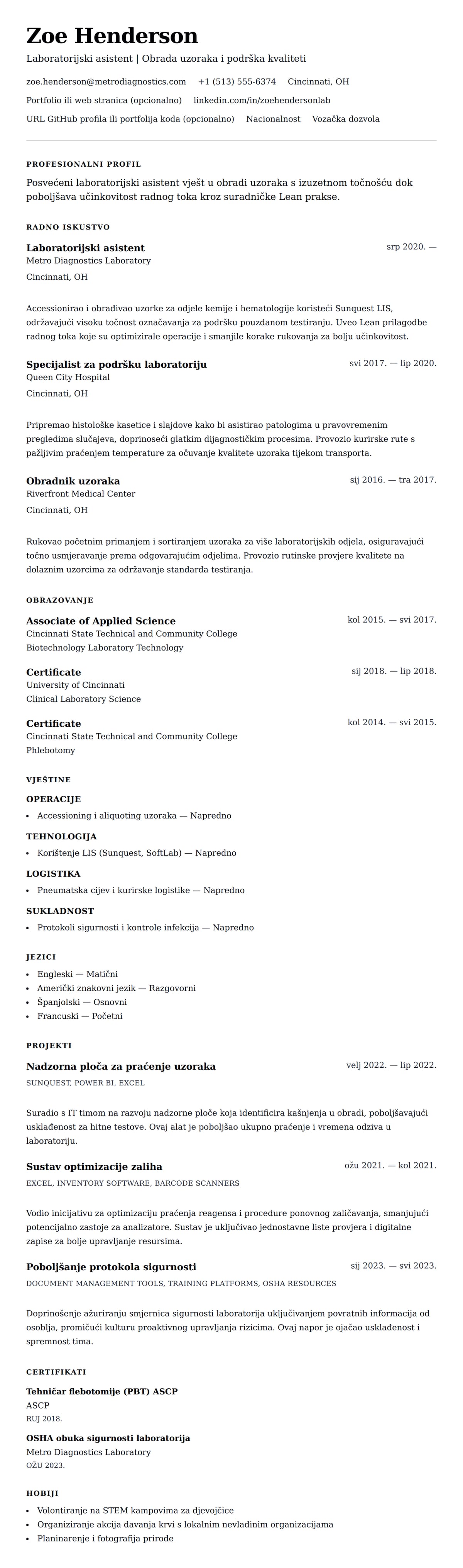 Pregled životopisa za Primjer CV-a za laboratorijskog asistenta