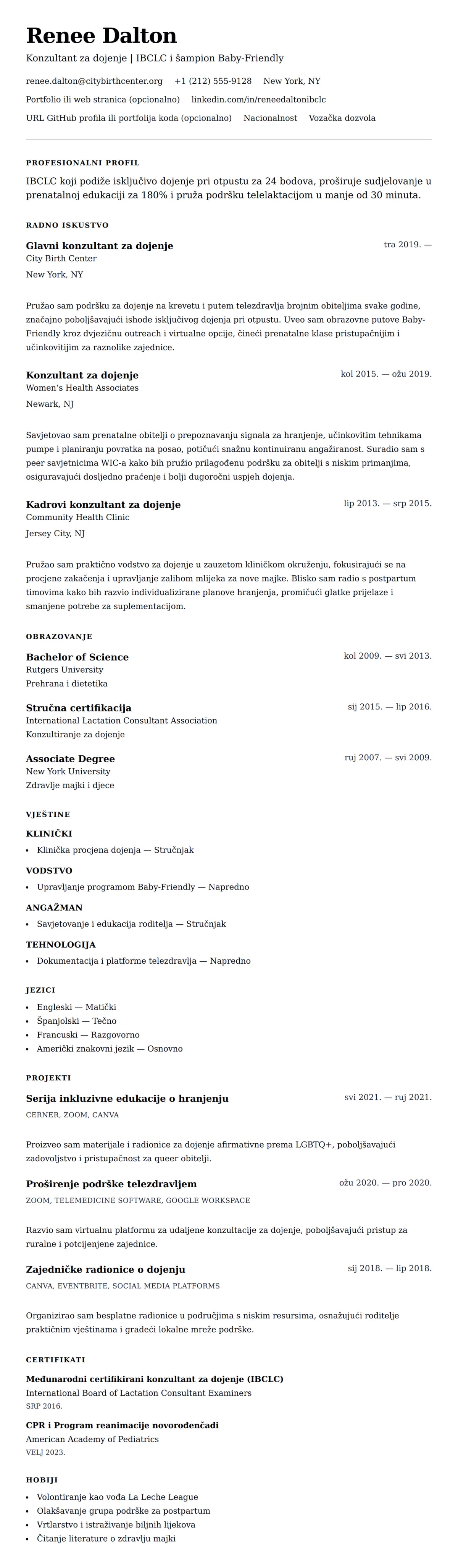 Pregled životopisa za Primjer životopisa konzultanta za dojenje